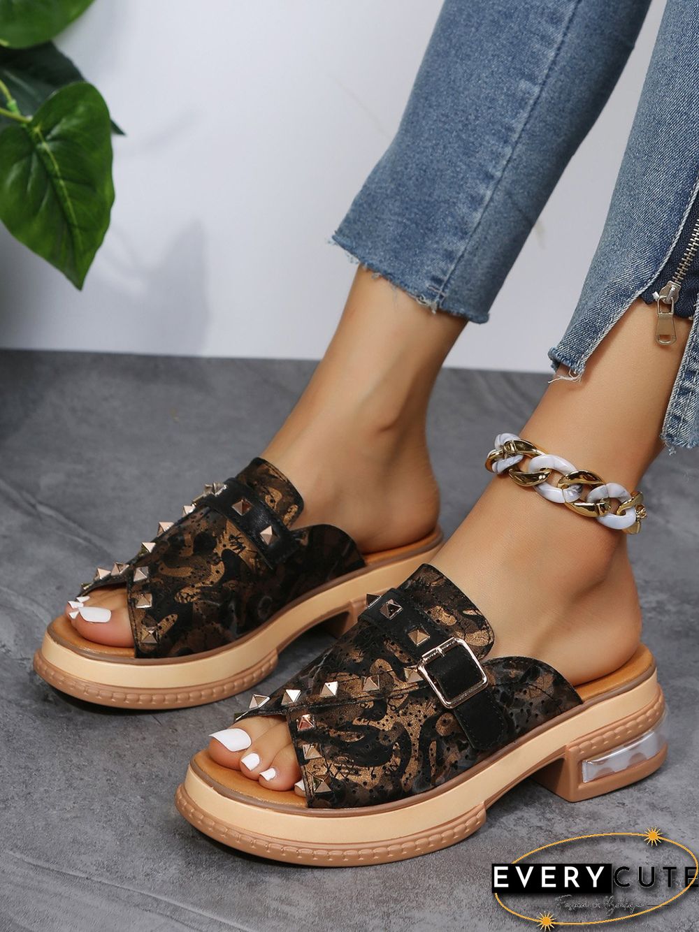 Urban Studded Snake Print Chunky Heel Slippers