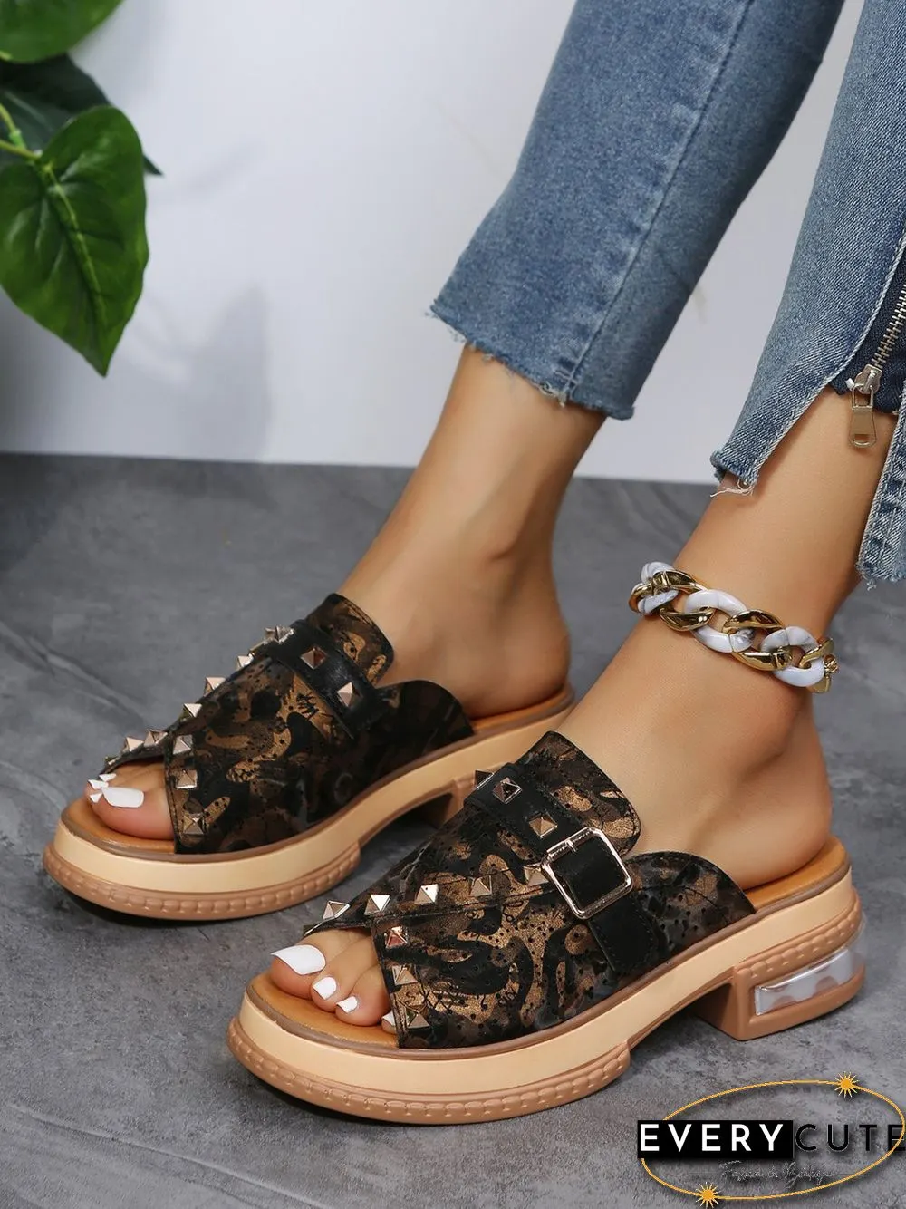 Urban Studded Snake Print Chunky Heel Slippers
