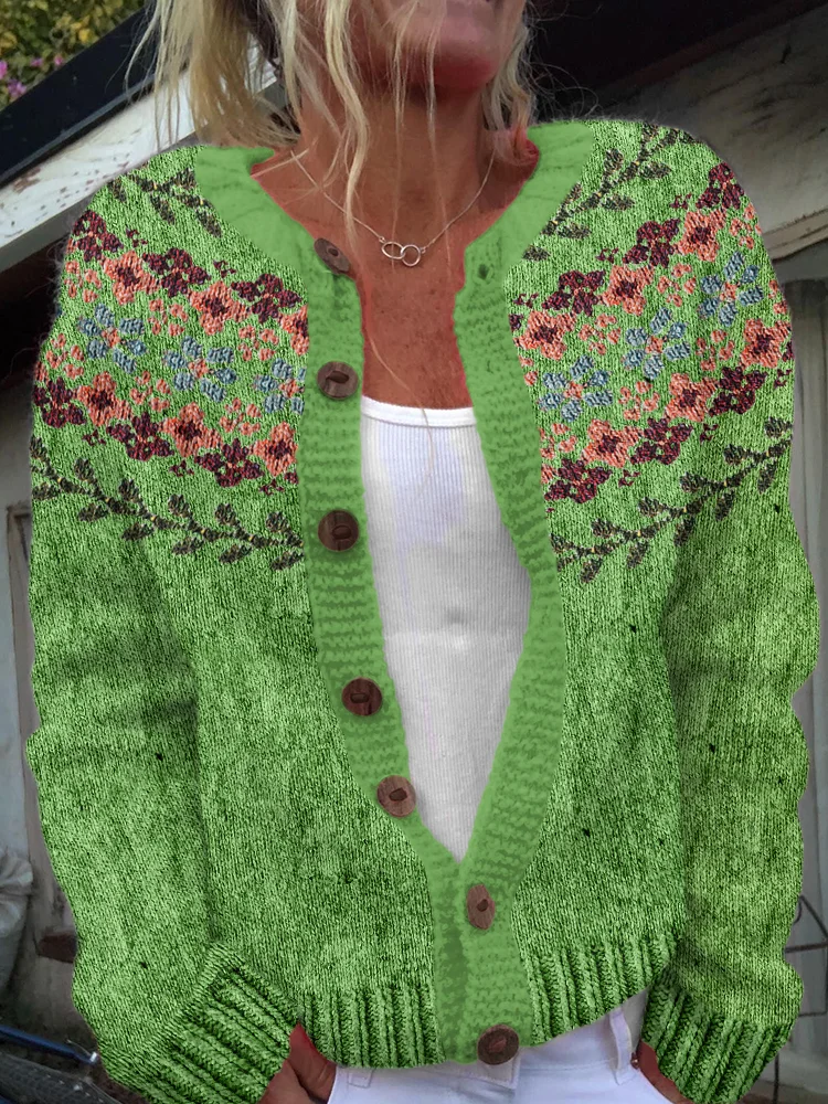 Vintage Icelandic Floral Art Print Cozy Button Sweater