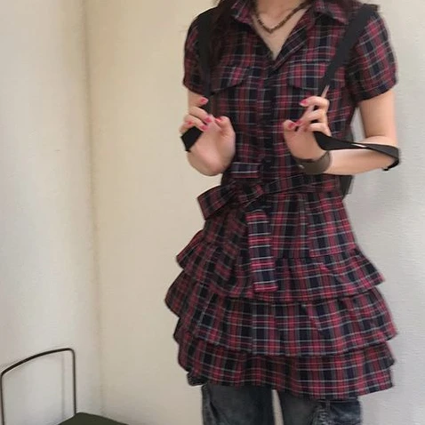 Wicketwarriorss Summer Y2k Aesthetic Plaid Vintage Slim Dress Single Breasted Mini Shirt Dresses Harajuku Bandage Grunge Punk Ruffled Vestidos