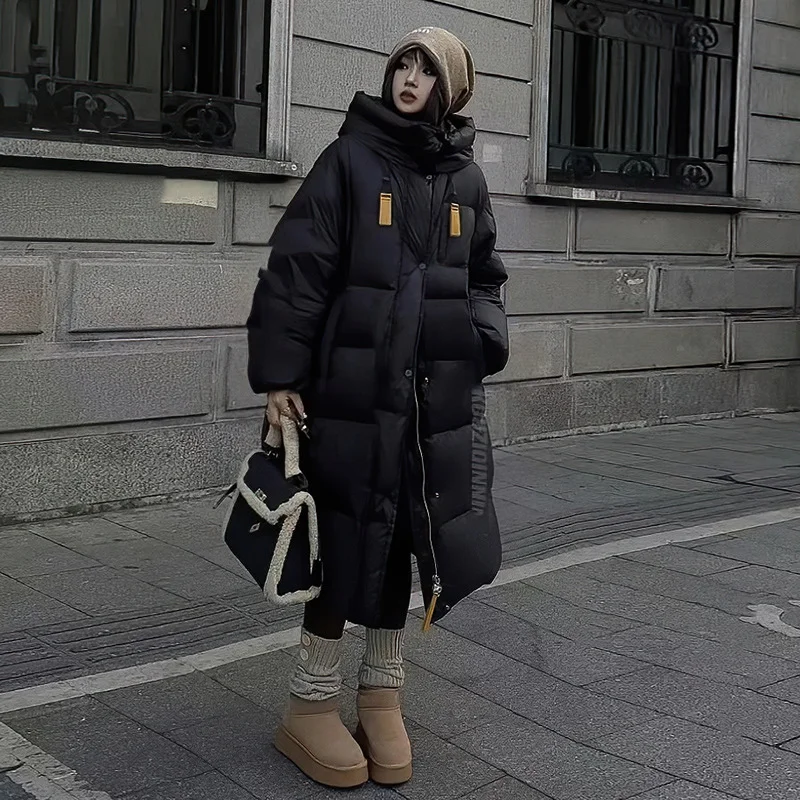 Woherb Korean Version Of Big Quilt Down Jacket Female Long Style 2024 Winter New Thickened Ribbon Hood Extremely Cold Warm Coat Plus Size-Outfit Ideas