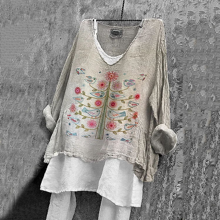 Women's Vintage Bird On Tree Embroidery Pattern Comfortable Shirt