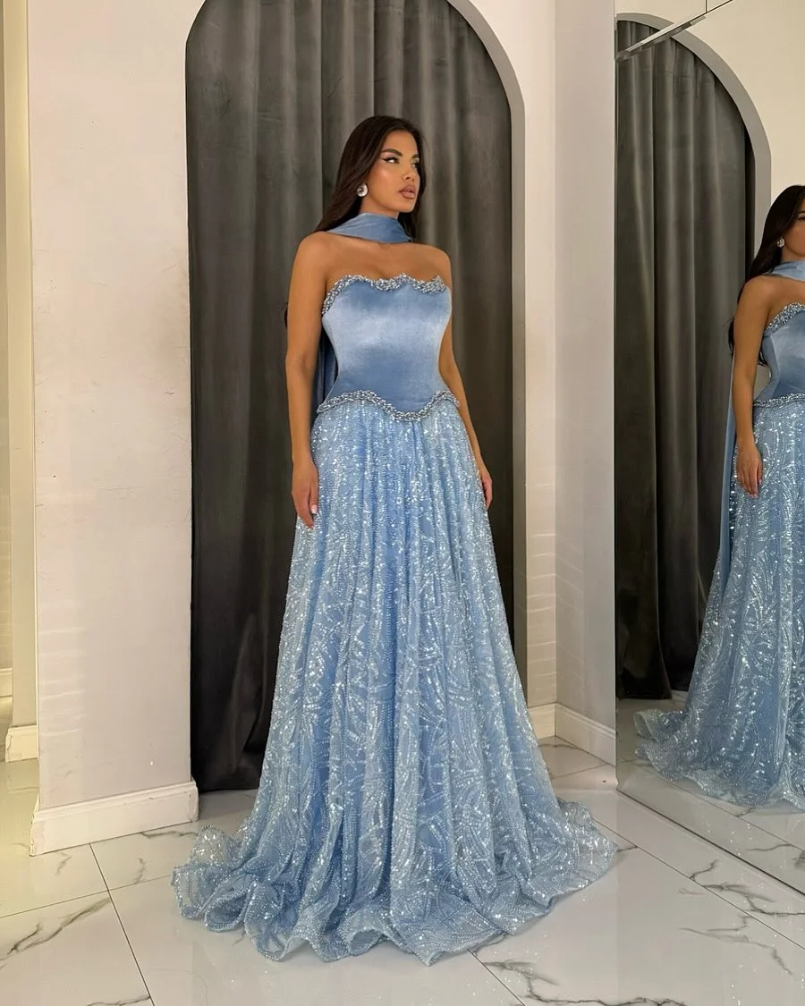 Romantic Straight Across Beaded Sleeveless Prom Dress With Scarf YK0173
