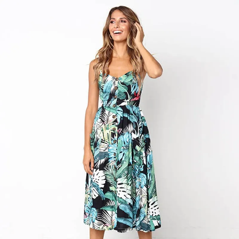 Casual Vintage Sundress Female Beach Dress Midi Button Backless Polka Dot Striped Women Dress Summer 2020Sexy Strap Floral Dress
