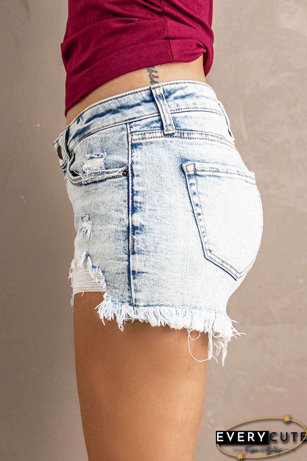 Light Washed Distressed Mid Waist Denim Shorts