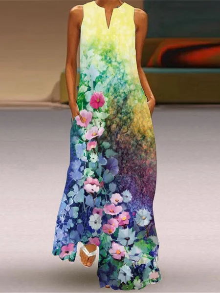 Casual Women's Fashion Sleeveless V-Neck Colorful Dress Vest Long Dress Maxi Dress Plus Size Beach Dress S-5Xl