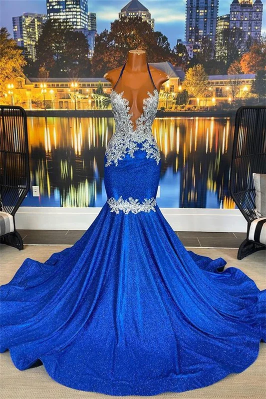 New Arrival Royal Blue Halter Prom Dress Mermaid Sleeveless With Appliques - lulusllly
