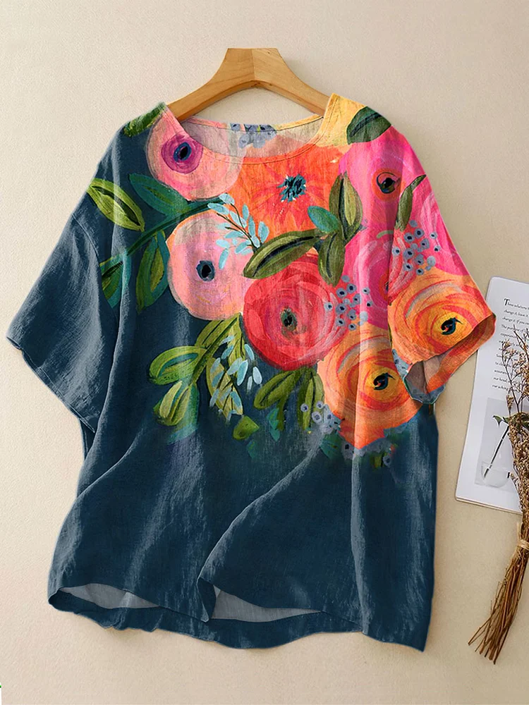 Women's Vintage  Flowers  Art  Print Casual Linen Crew Neck Shirt