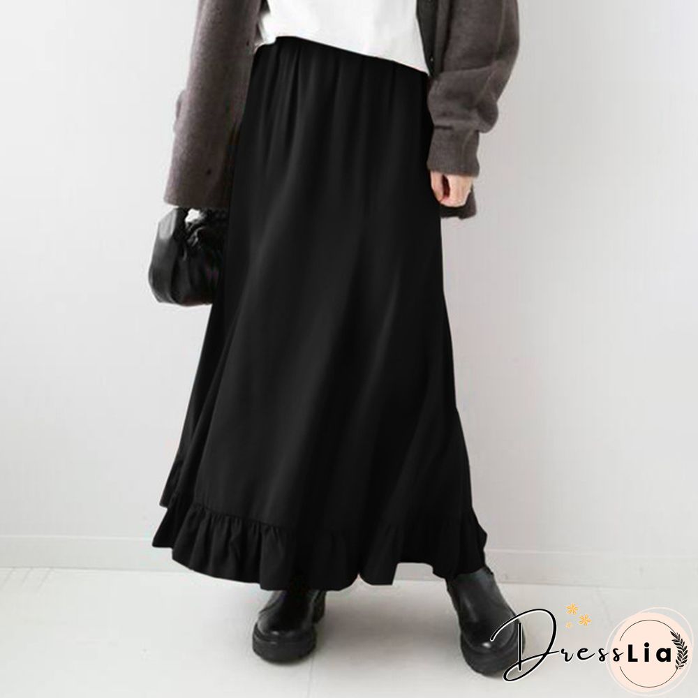 Stylish Women Vintage High Waist Loose Long Skirt Ruffled Hem Summer Skirt Dress