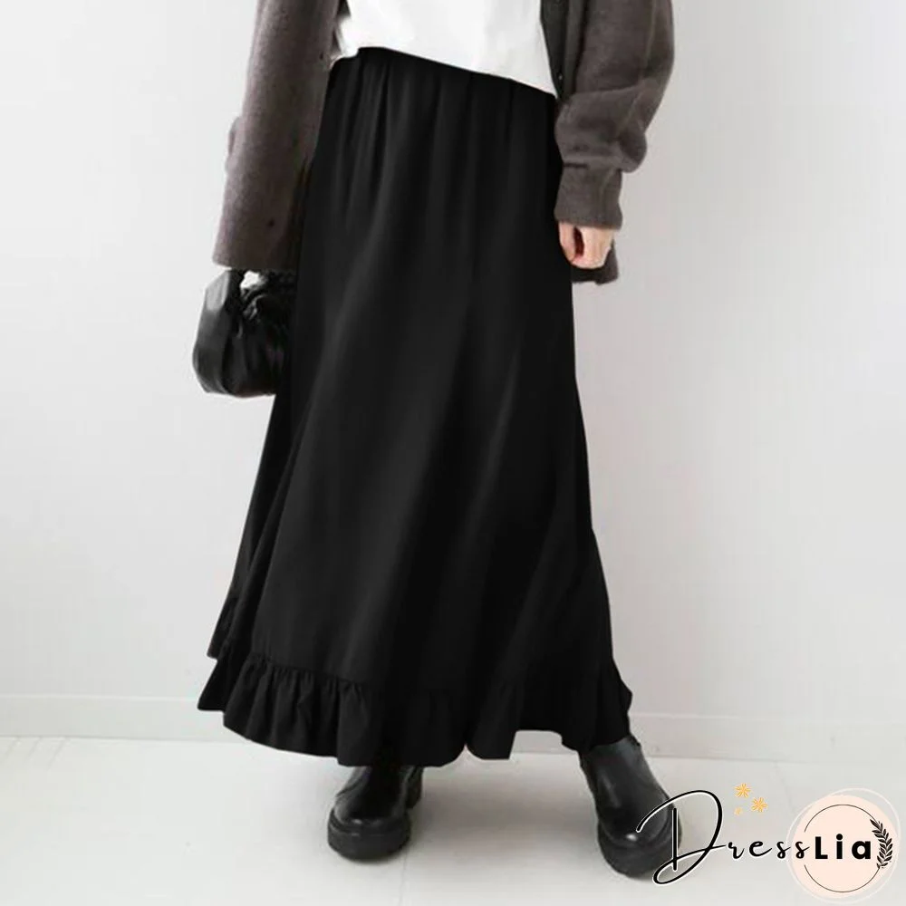 Stylish Women Vintage High Waist Loose Long Skirt Ruffled Hem Summer Skirt Dress