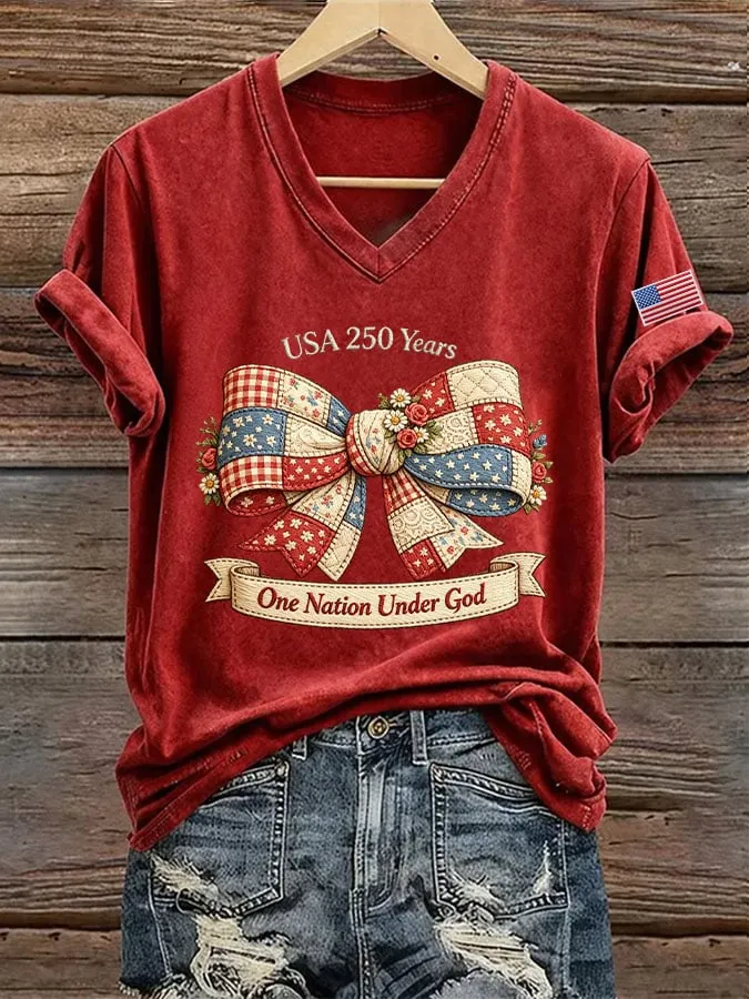 Women's USA 250th Years One Nation Under God Print V Neck T-shirt 