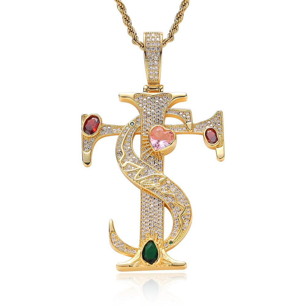ASEN Cross Iced Out Pink Heart CZ Gold/Silver Pendants