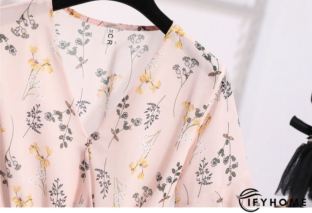 Spring Summer Chiffon Women V-Neck Floral Print Short Dresses Sweet Ruffle Sleeeve Slim Drawstring Ladies Dress | IFYHOME
