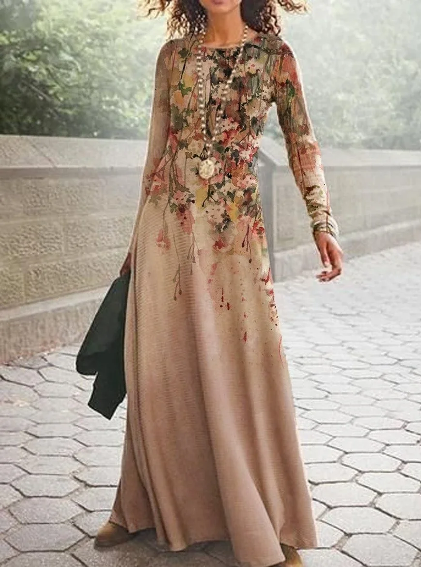 Vintage Floral Print Casual Long-Sleeved Maxi Dress