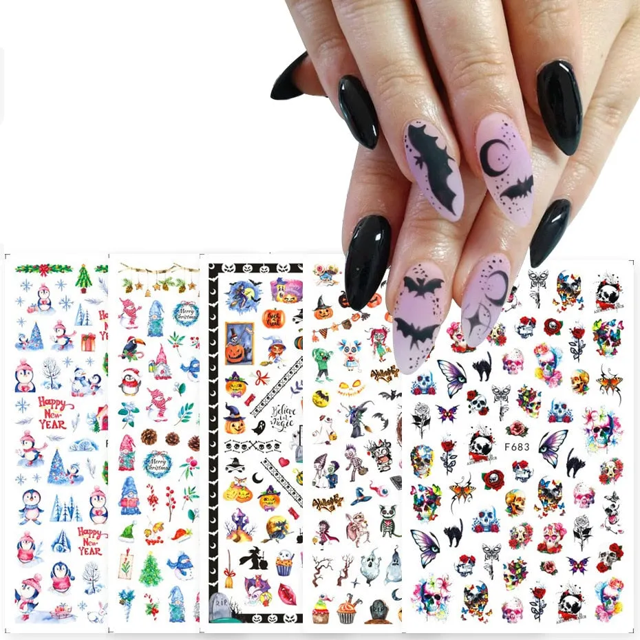 Nail Stickers Back Glue Halloween Skull Pumpkin Christmas Snowman Snowflake Designs Nail Decal Decoration Tips For Beauty Salons-Nail Inspo