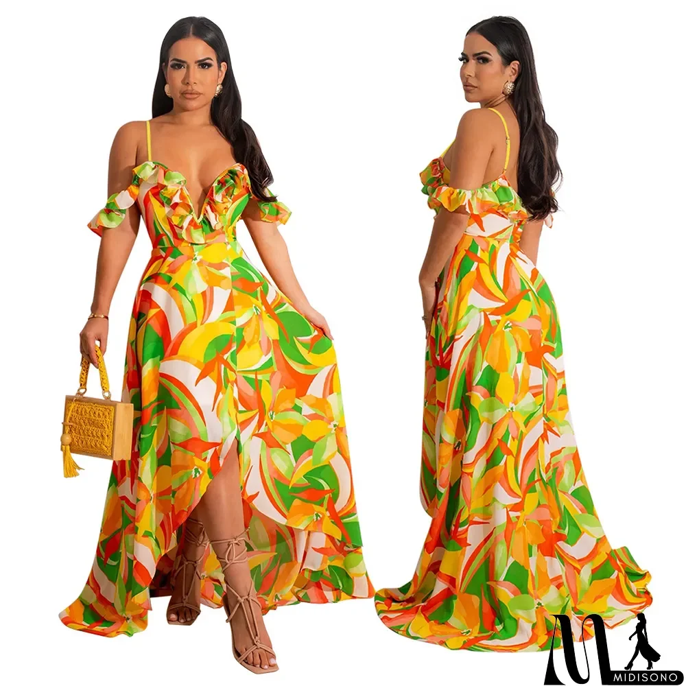 MidiSono - Sexy v-neck sling irregular print summer fashion dress