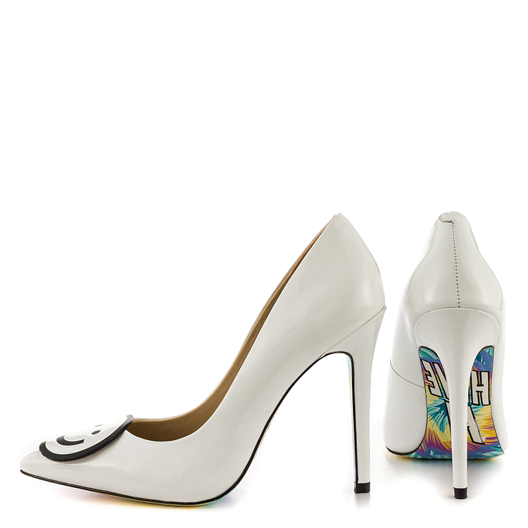 Women's White Smiley Stiletto Heels Pointy Toe Office Heels |FSJ Shoes