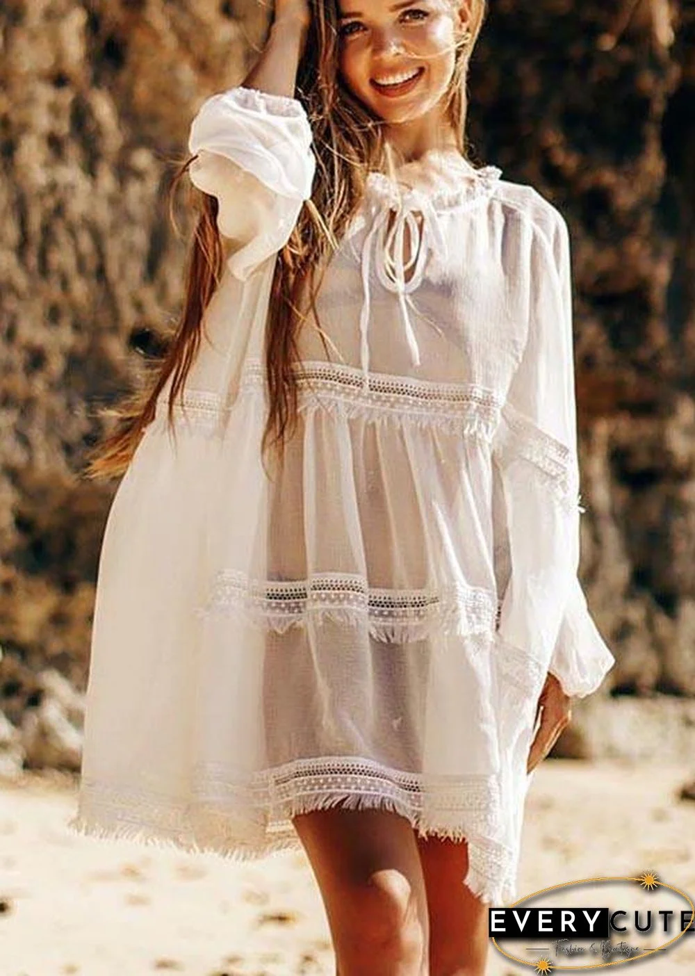 Unique White Patchwork Hollow Out Beach Gown Robe  Chiffon Dress
