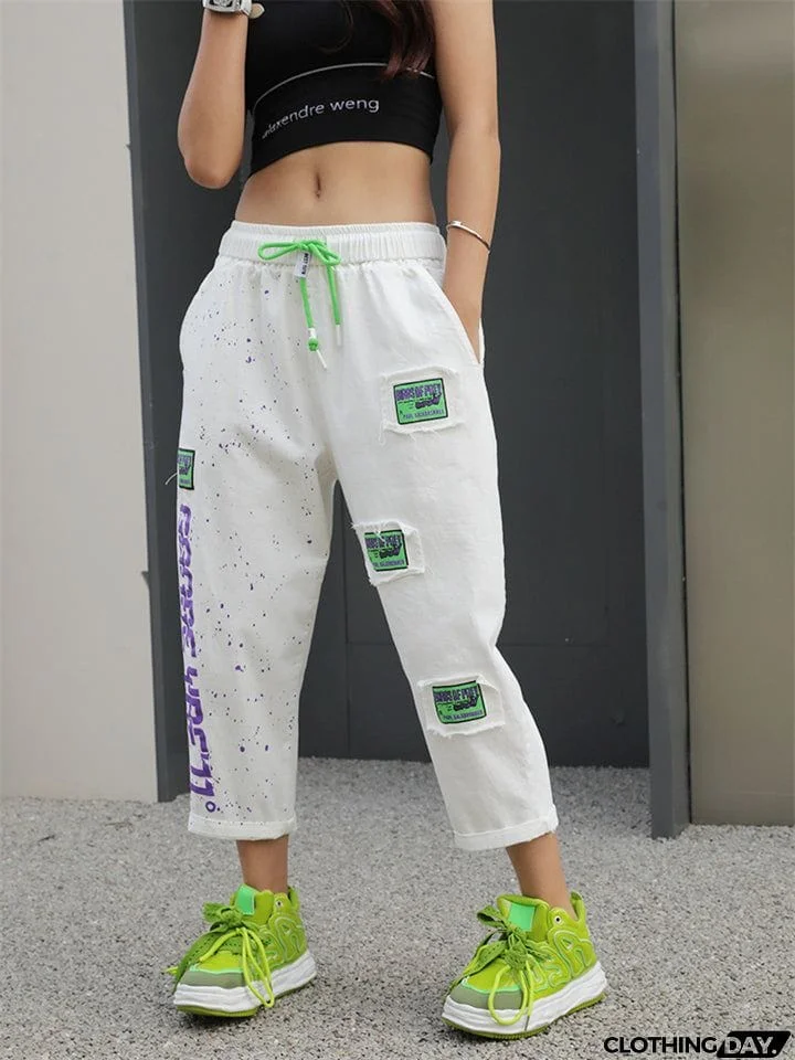 Female Lightweight Alphabet Patchwork High-rise Pants