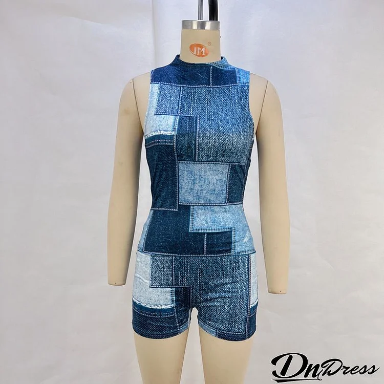 Women Summer New Casual Sleeveless Denim Printed Back Zipper Rompers