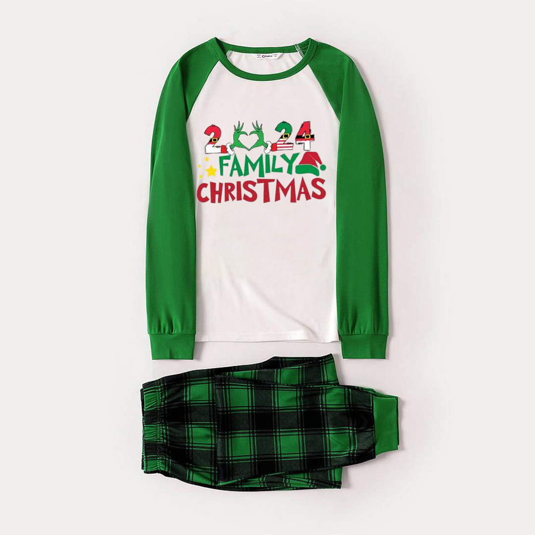 Cute Family Christmas 2024 Print Long Sleeve Top With Green & Black Plaid Christmas Matching Pajamas