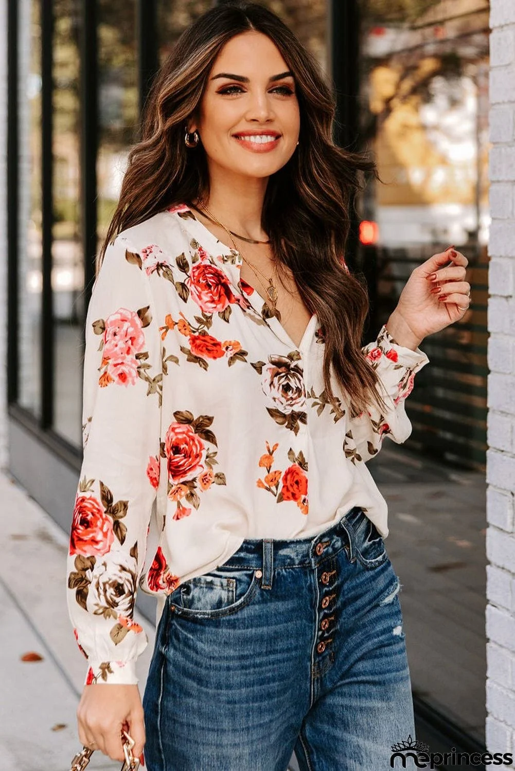 Beige Floral Print V Neck Button Down Blouse