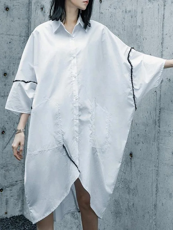 Chic white Cotton tunics for women lapel asymmetric daily shirt Dresses