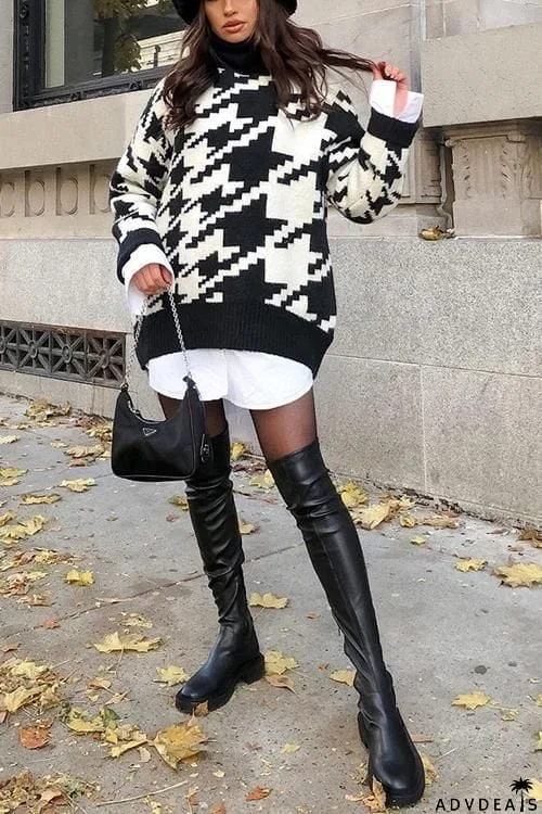 Houndstooth High Collar Sweater