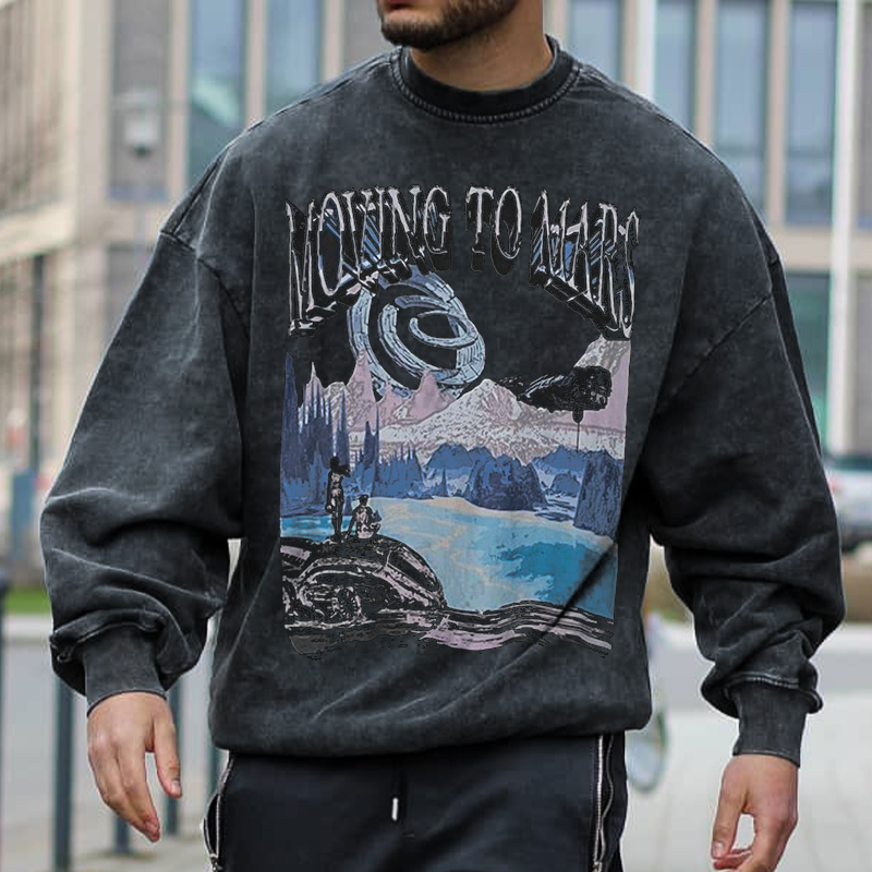 Men's Oversized 'Moving To Mars' Fashion Print Sweatshirt、、URBENIE