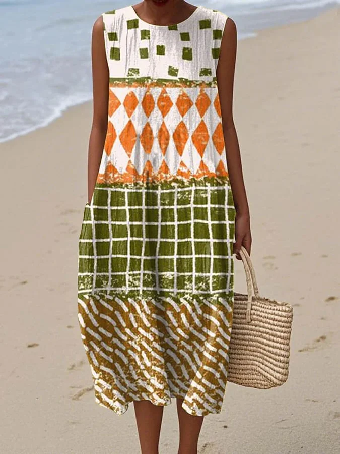 Women's casual cotton-linen printed dress 