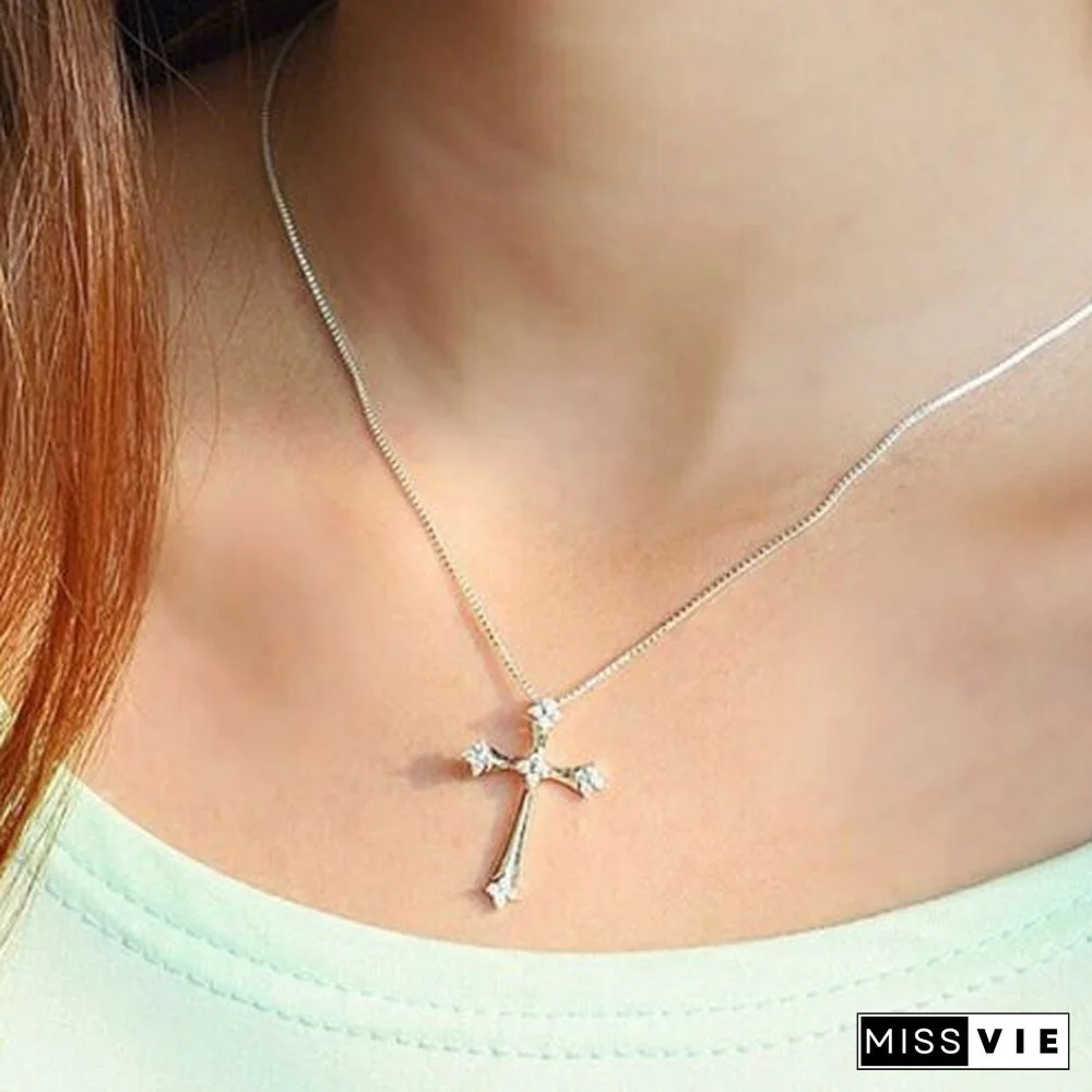 Fashion Cross Crystal Pendant 925 Sterling Silver Chain Necklace Women&rsquo;s Jewelry Luck Necklace Best Gifts