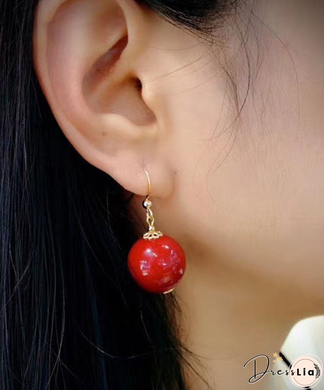 Stylish Red 14K Gold Agate Ball Drop Earrings