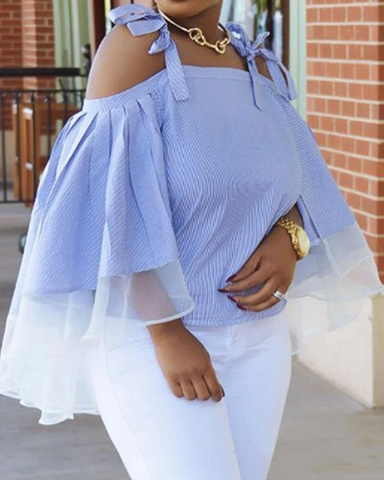 Pleated Striped Mesh Panel Off-shoulder Shirt