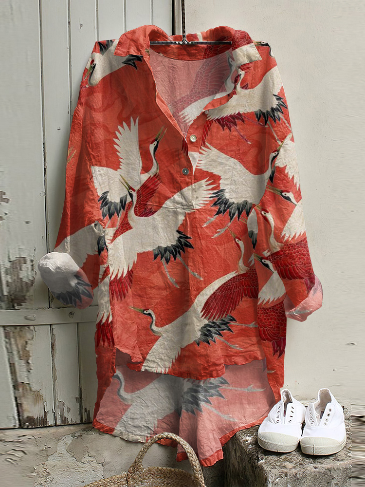 Comstylish Japanese Art Crane Print Lapel Long Sleeve Shirt