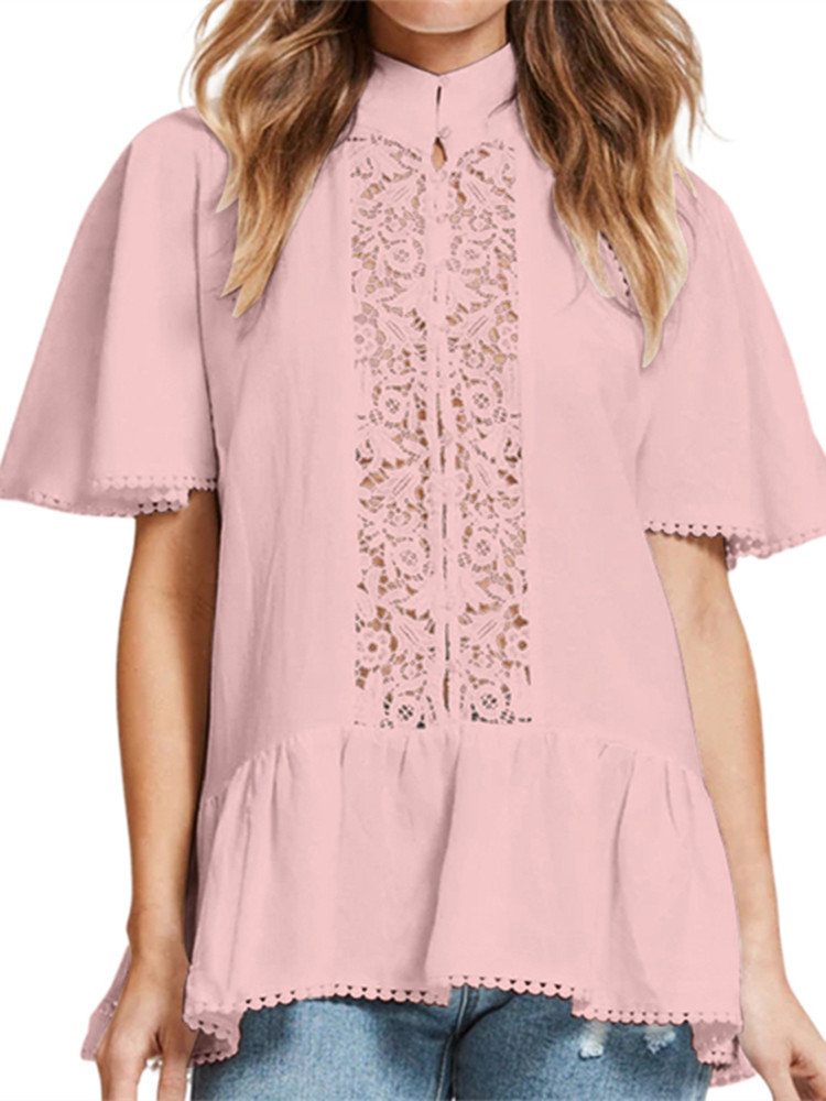 Lace Hollow Embroidery Band Collar Blouse P1492983