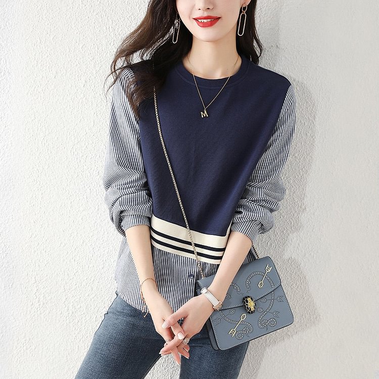 Purplish Blue Shift Striped Suede Long Sleeve Shirts & Tops