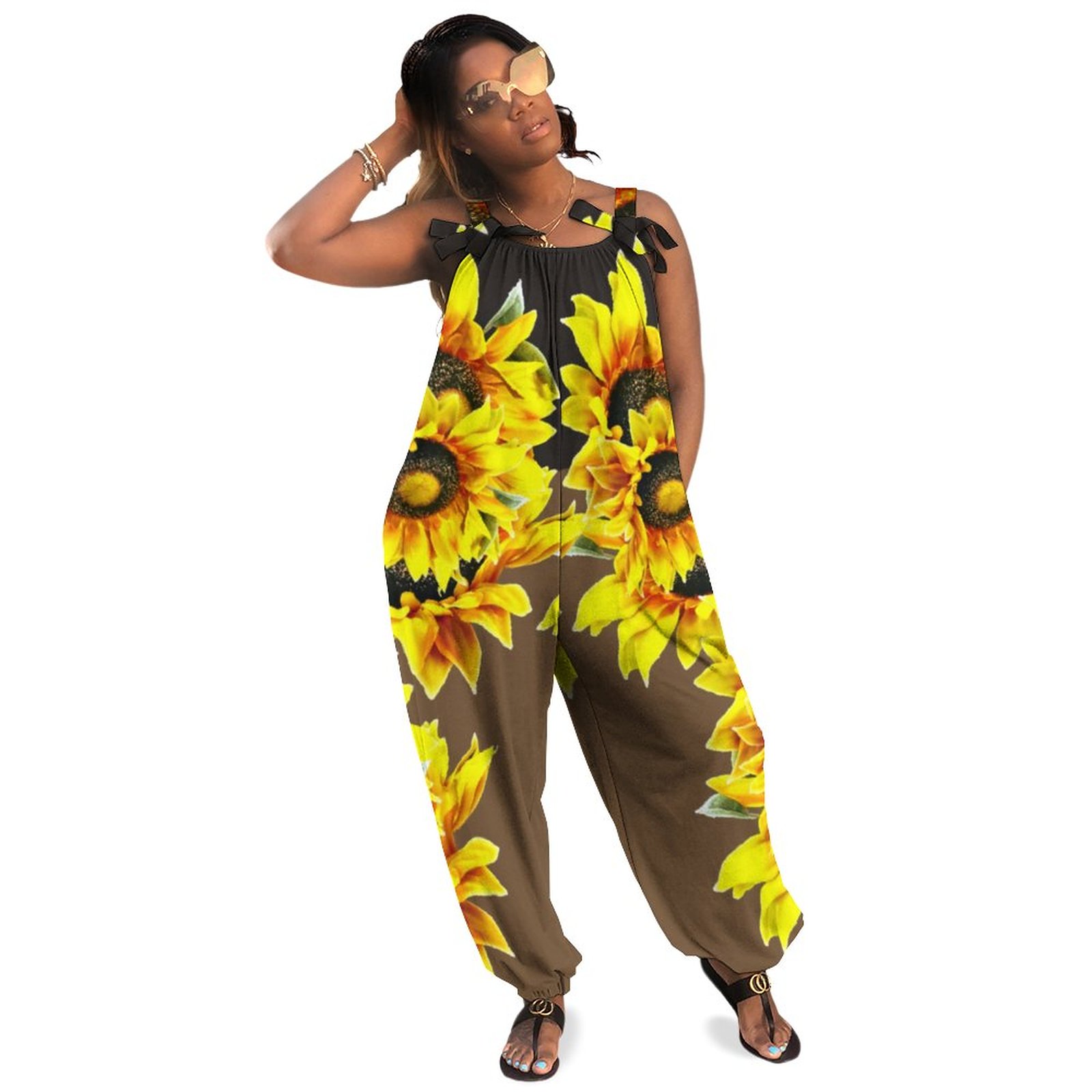Bold Sunflower Plus Size Women Rompers Summer Casual Loose Painters Jumpsuit Casual Jumpsuit Boho Style Natural Waist Pockets