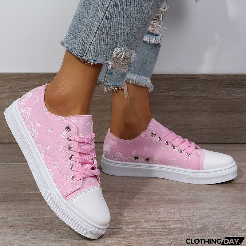 Cute Round Toe Lace Up Cartoon Print Canvas Loafers for Women