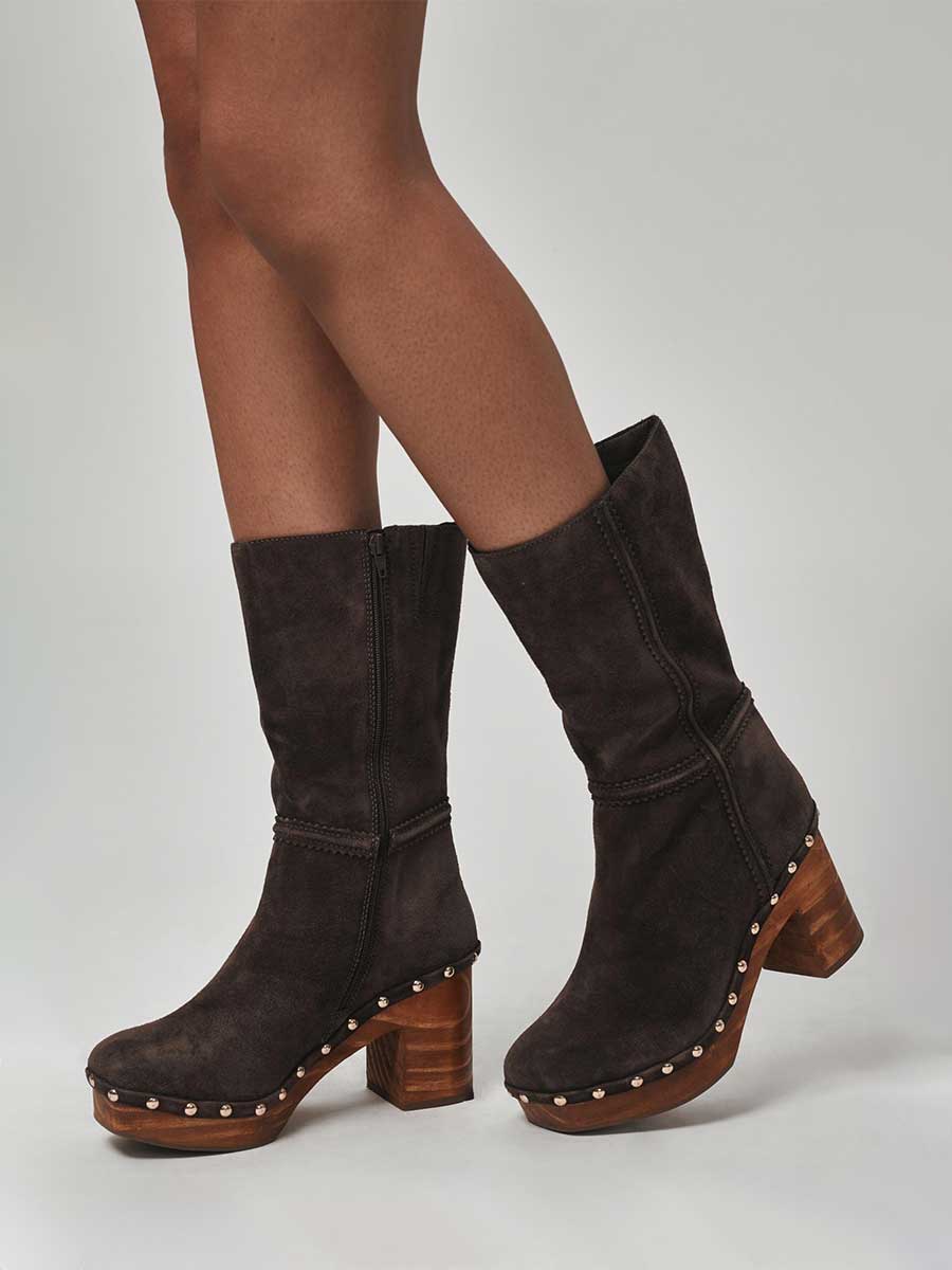 Vintage Brown Vegan Suede Chunky Heel Platform Clog Mid Calf Boots