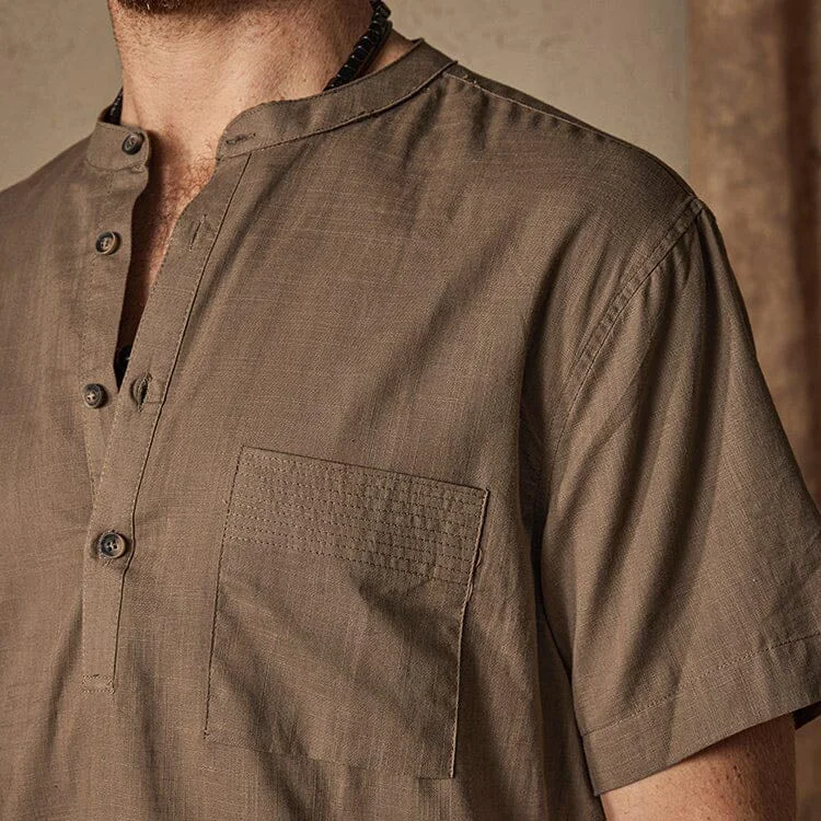 Men's Cotton Linen Shirt Henley Pocket Beach Vacation Hawaiian Short Sleeve Casual Daily Tops-inspireuse