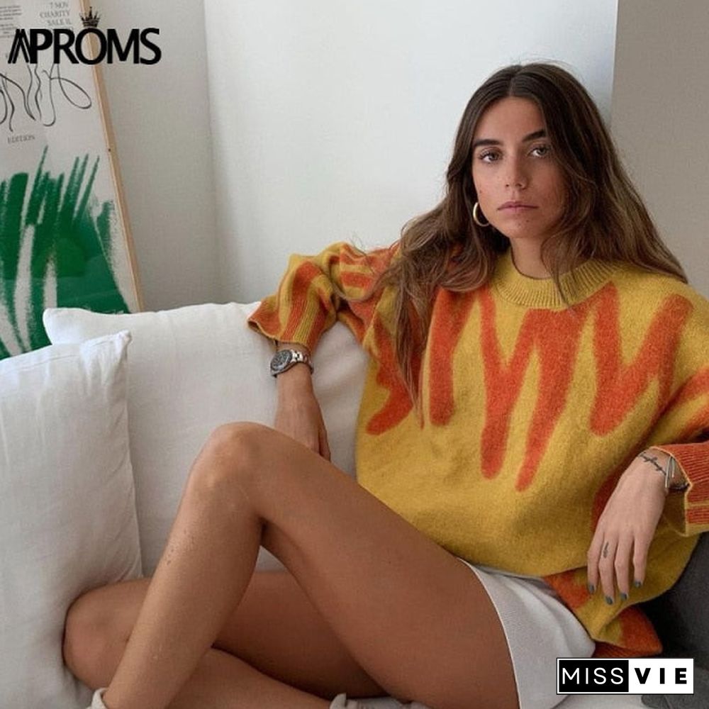 Aproms Korean Fashion Khaki Stripes Print Loose Sweaters Women Winter Hip-Pop Oversized