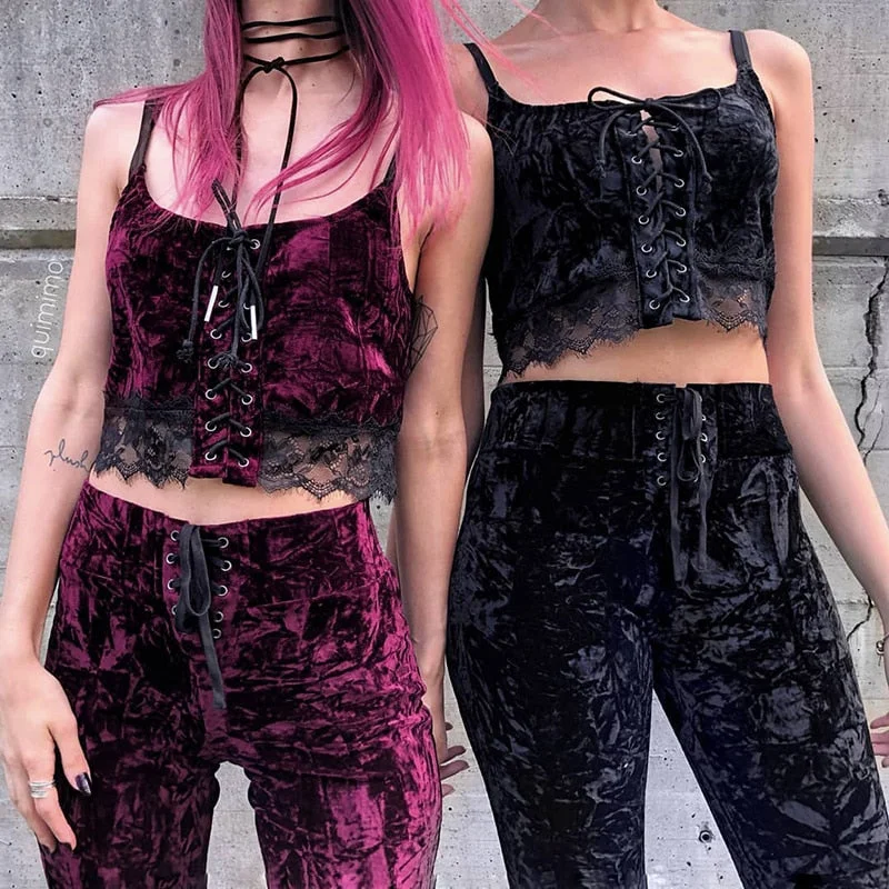 InsGoth Y2K Goth Black Flare Pants Harajuku High Waist Bandage Pants Vintage Aesthetic Velvet Women Trousers Streetwear Pants