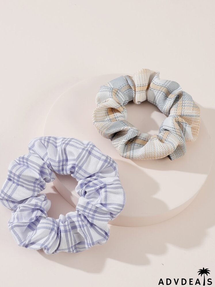 2pcs Plaid Print Pleated Scrunchie