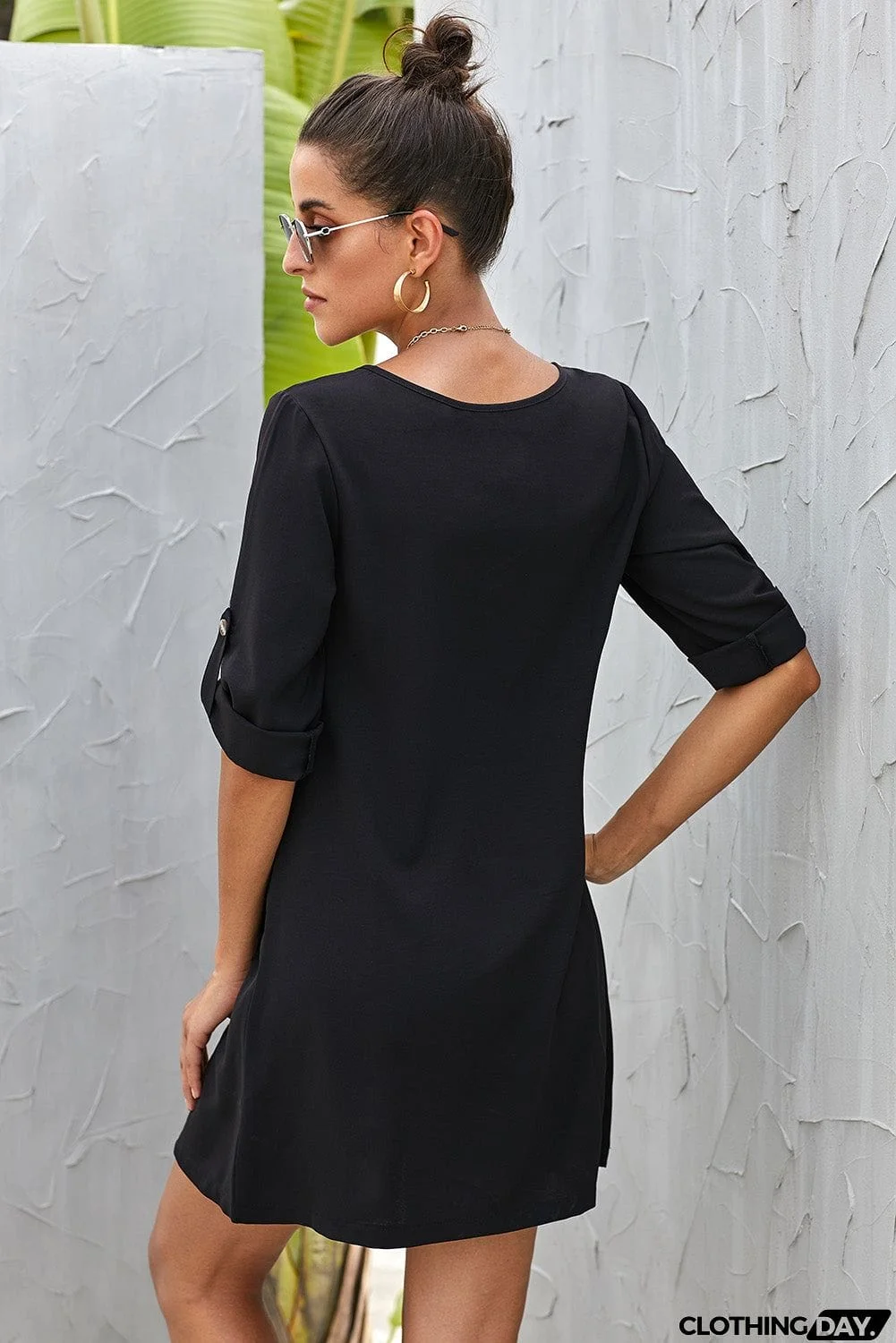 Buttoned V-Neck Dress