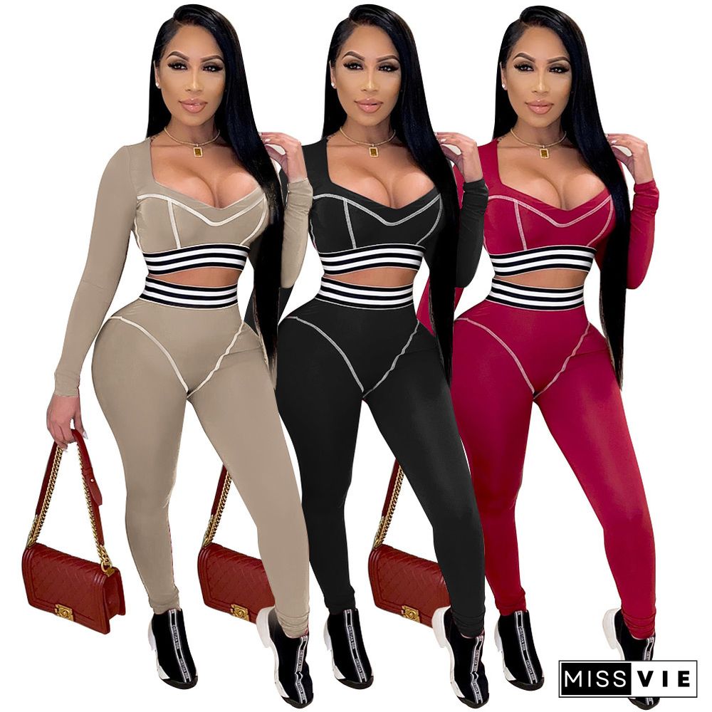 V-neck Stripe Long Sleeve Crop Top Tight Sport Suit