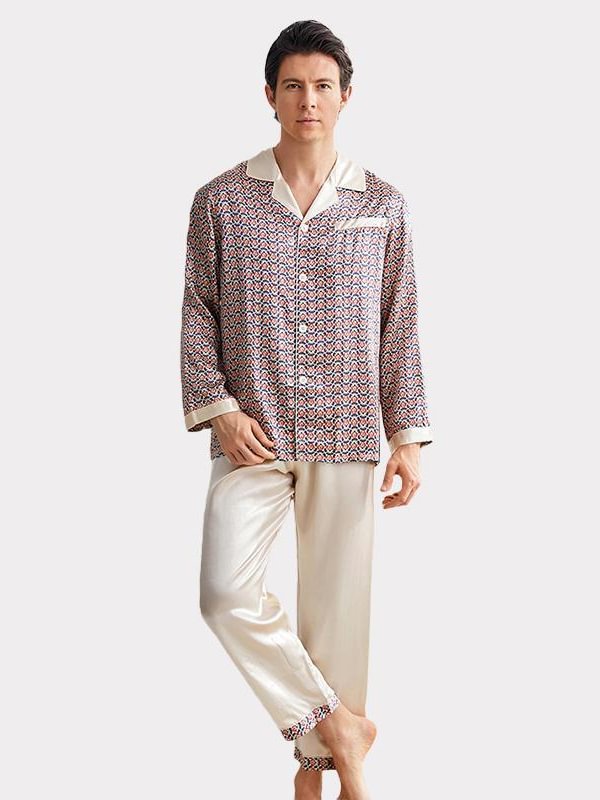 19 MOMME Pyjama en soie imprimé contrasté homme-Soie Plus