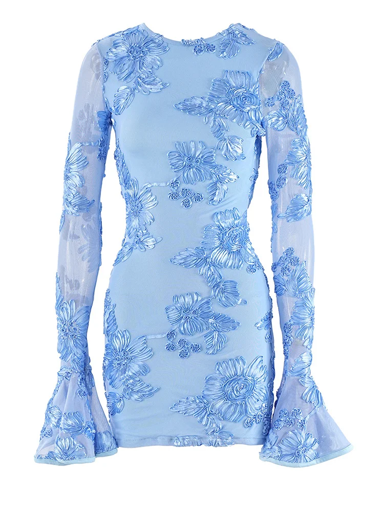 Women Long Sleeve Embroidered Glam Rose Pink Floral Backless Short Party Dress Elegant Party Mini Dresses