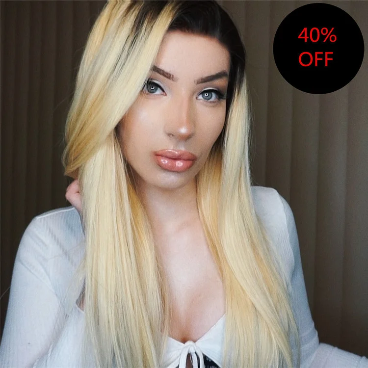 Chic Black Roots Ombre Blonde Straight Lace Front Wig