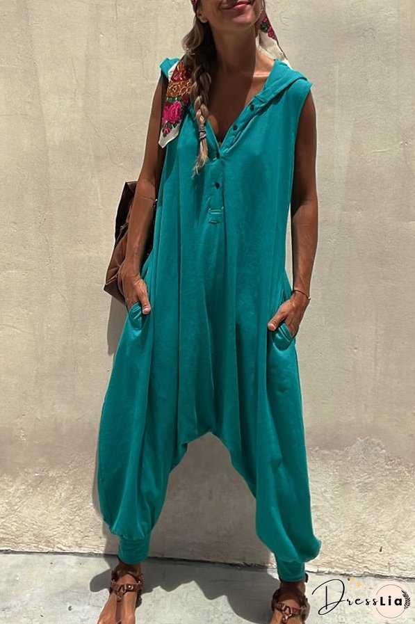 Let's Chill Pocketed Half Button Hooded Loose Jumpsuit