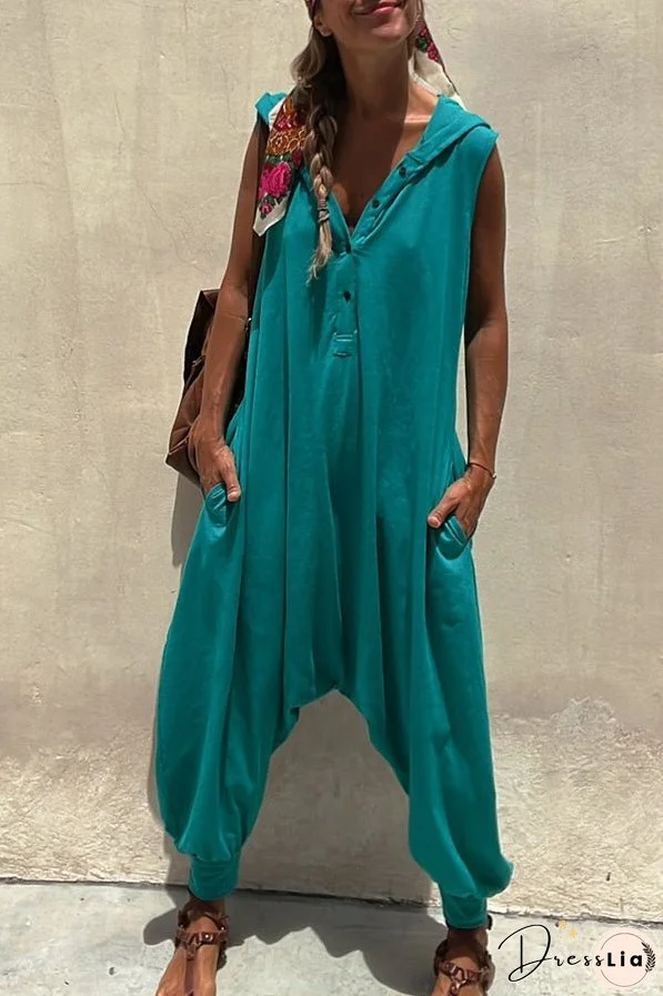 Let's Chill Pocketed Half Button Hooded Loose Jumpsuit